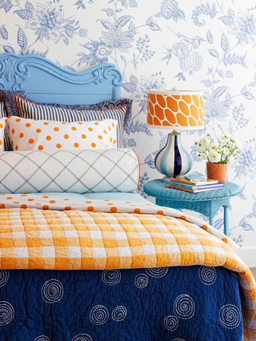 bedroom in blue and orange