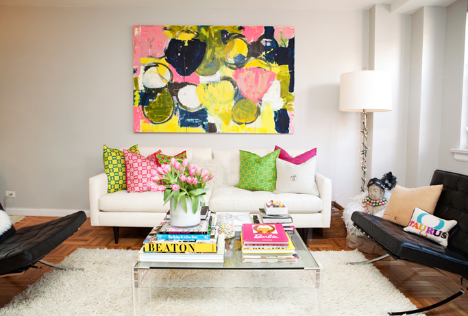 pink green and yellow living room