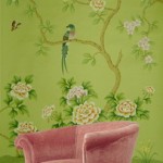 vintage-pink-vevet-chair-green-wallpaper