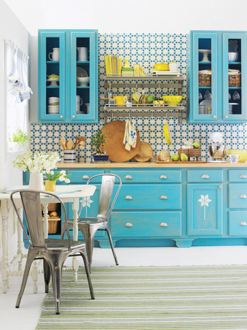 turquoise and yellow kitchen