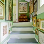 green stairway with art